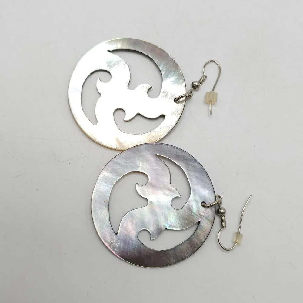 Round Abalone Shell Dangle Earrings With Swirl Design Vintage